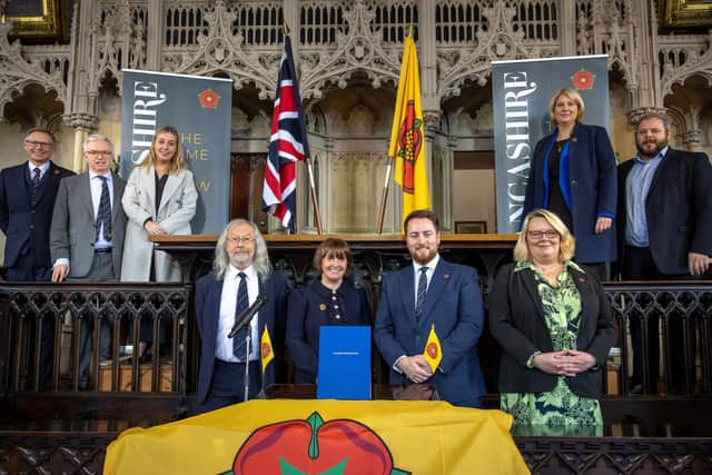 Lancashire MPs (back row) and top-tier council leaders joined Levelling Up Minister Jacob Young MP (front, second from right) for the deal-signing ceremony at Lancaster Castle back in November