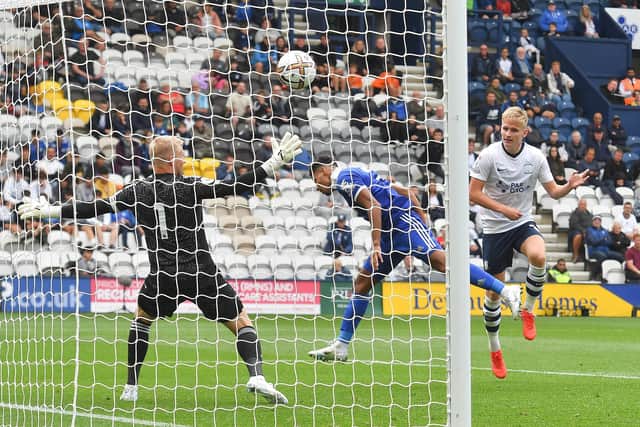 Ali McCann scores PNE's goal against Leicester City.