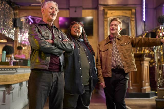 Leo (Alan Cumming) in his bar Spit and Polish with Judy (Luyanda Unati Lewis-Nyawo) and Benny (Stephen Bailey) in the new drama Tip Toe (Picture: JAMES STACK/CHANNEL 4)