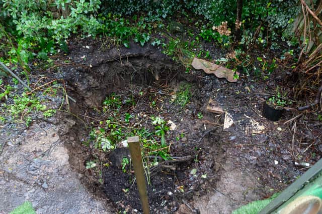The first signs of sinkhole developed in Dorothy Rigby's garden late last summer - and this is what she has now ended up with