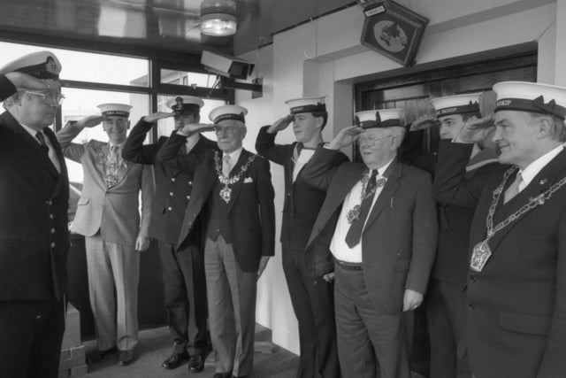 Here it looks like the various Mayors representing the Fylde all gathered for inspection at HMS Inskip