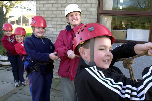 Lancashire Education Outdoor Road Show at Lytham Hall Park Primary School. In a supporting role, from left, Amber Pennington-Davies, Oliver Hinton, Gemma Simister, instructor Fiona Drake and Matthew Berry