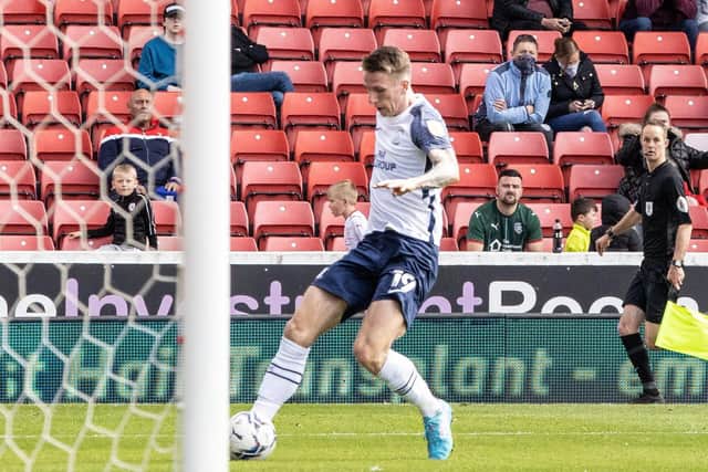 Preston North End striker Emil Riis scores the third goal against Barnsley at Oakwell