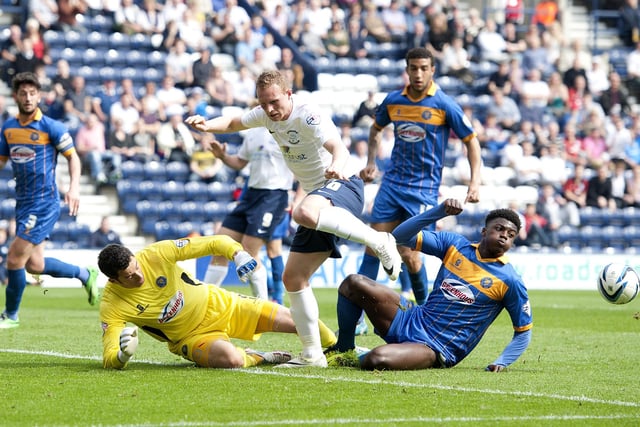 Preston North End's Stuart Beavon is tackled by Shrewsbury Town's Dominic Iorfa before he can shoot past goalkeeper Chris Weale.