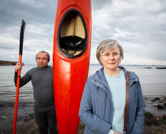 Monica Dolan as Anne Darwin and Eddie Marsan as John Darwin in the ITV true crime drama The Thief, His Wife and the Canoe