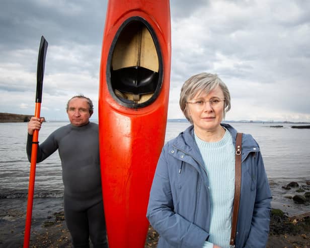 Monica Dolan as Anne Darwin and Eddie Marsan as John Darwin in the ITV true crime drama The Thief, His Wife and the Canoe