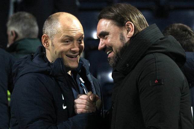 Preston North End's manager Alex Neil greets Norwich City's manager Daniel Farke