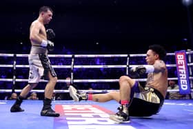 MANCHESTER, ENGLAND - OCTOBER 26: Regis Prograis is knocked down by Jack Catterall for the first time during the WBO International Super Lightweight title fight between Jack Catterall and Regis Prograis at Co-op Live on October 26, 2024 in Manchester, England. (Photo by Alex Livesey/Getty Images)
