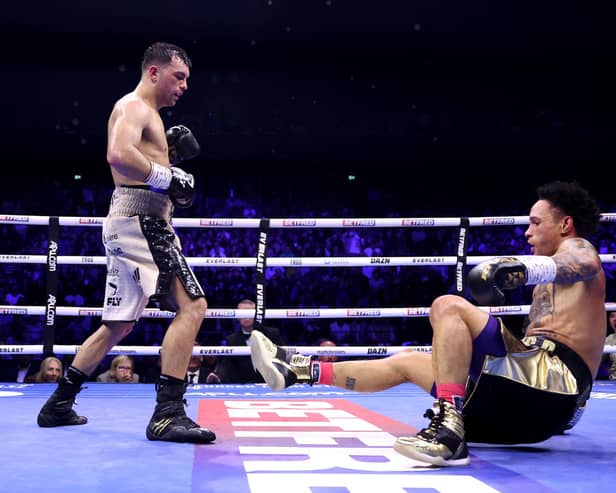 MANCHESTER, ENGLAND - OCTOBER 26: Regis Prograis is knocked down by Jack Catterall for the first time during the WBO International Super Lightweight title fight between Jack Catterall and Regis Prograis at Co-op Live on October 26, 2024 in Manchester, England. (Photo by Alex Livesey/Getty Images)