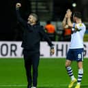 Preston North End manager Ryan Lowe celebrates after the match against Swansea City