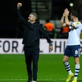 Preston North End manager Ryan Lowe celebrates after the match against Swansea City