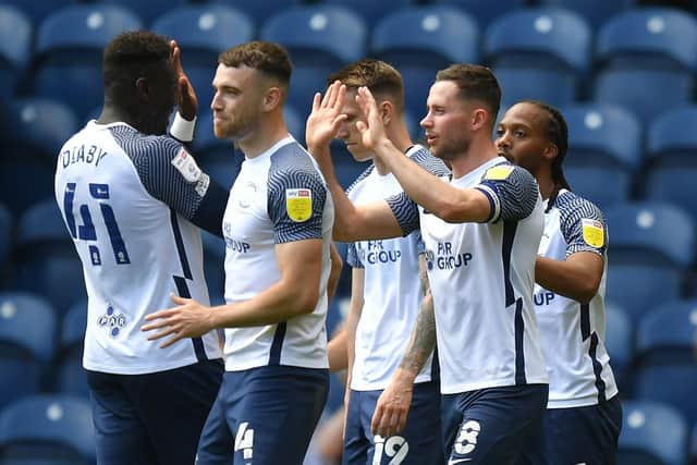 Preston North End celebrate their opening goals against Middlesbrough at Deepdale