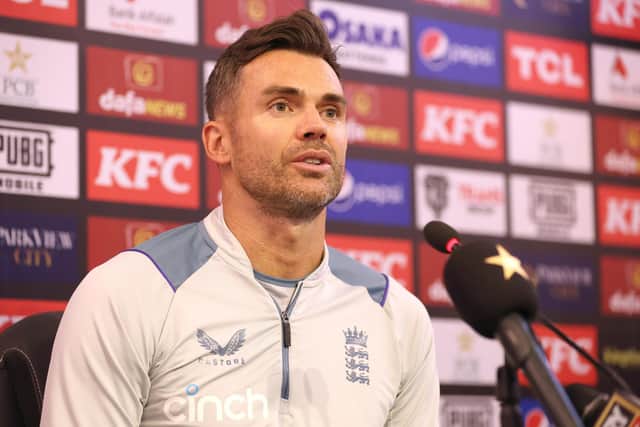 James Anderson of England talks to media during a Nets Session ahead of the first Test match in Pakistan