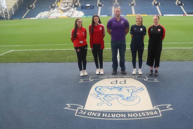 Pictured from left to right: Rachel Walker (Fleetwood Town Community Trust), Olivia Taylor (Accrington Stanley Community Trust), Dave Cottrell (Mindset Coach, Mindset by Dave), Mary Hewitt (Preston North End Community and Education Trust), Anna Quirke (Morecambe FC Community Sports Trust)