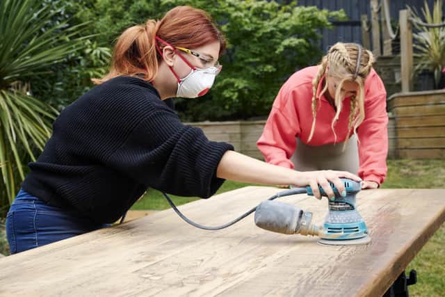 Caroline and Stacey get down to some DIY in the new series Stacey Solomon: Renovation Rescue (Picture: Matt McQuillan/Channel 4)