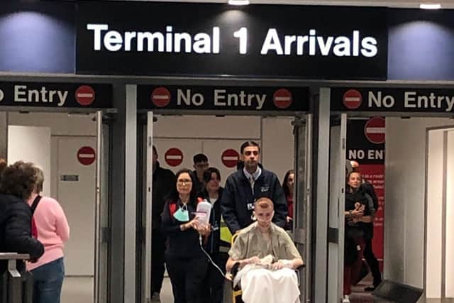 He left Bangkok airport last Thursday evening on a £20k flight accompanied by a doctor, two nurses and his dad Jim