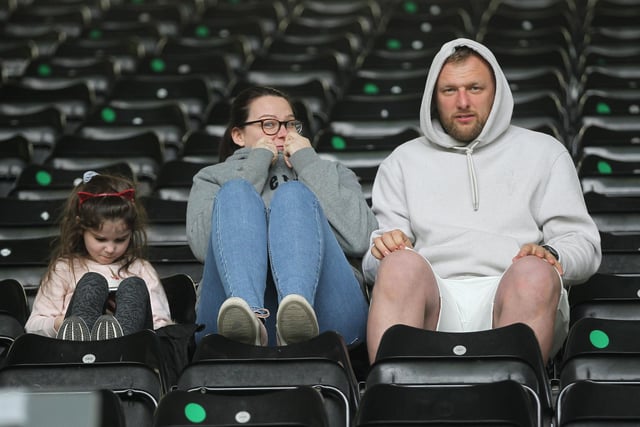 Three PNE fans at Pride Park and it was a brave man who wore shorts in the chilly Derby weather!