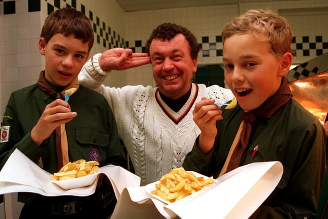 Dib, Dib, Chip!  3rd Lea Scouts Matthew Spencer and Richard Blackledge find a new recruit in Peter Mullen of the Happy Haddock, Plungington Road, Preston, winner of their best chippy competition
