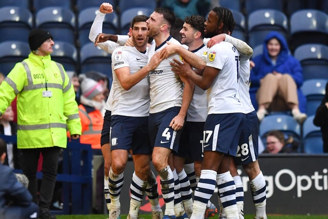 PNE players celebrate a Ched Evans goal at Deepdale