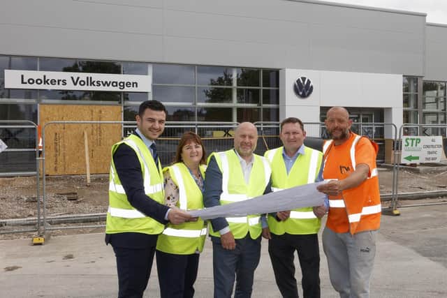 Lookers is redeveloping its Preston dealership.
Pictured are Andreas Solomi, Elaine Rawlinson and Mike Pollitt from Lookers Volkswagen Preston, along with Paul Rigby from STP Limited and Matty Anderson from M3 Civils Limited