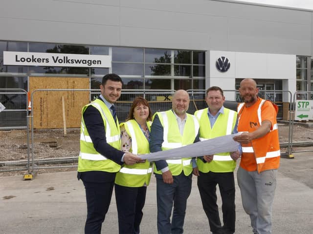 Lookers is redeveloping its Preston dealership.
Pictured are Andreas Solomi, Elaine Rawlinson and Mike Pollitt from Lookers Volkswagen Preston, along with Paul Rigby from STP Limited and Matty Anderson from M3 Civils Limited