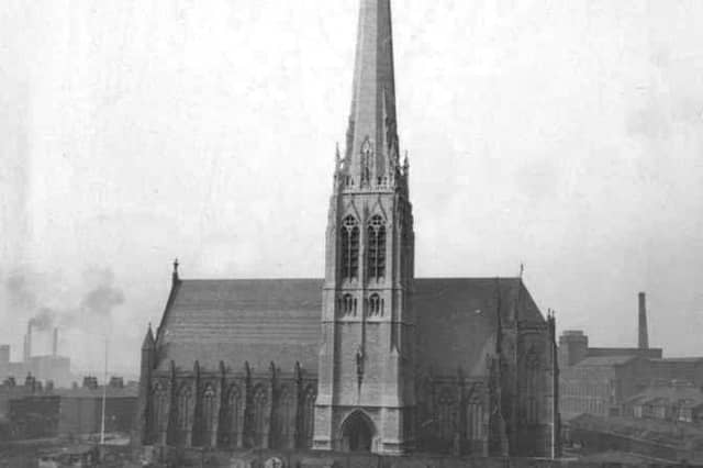 St. Walburge's Church, Preston c.1946. An interesting view showing several allotments in place along the railway wall in the foreground. Photographed from an elevated location, possibly from Croft Street Mill close to the Preston railway sheds