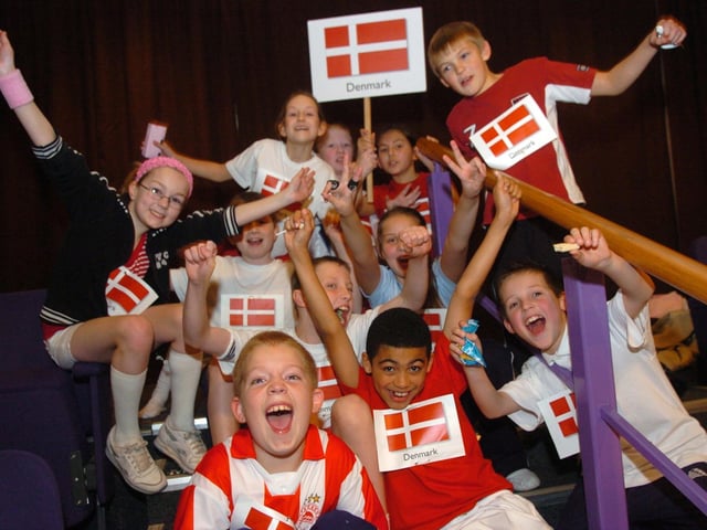 Fulwood and Cadley Primary School cheer on their competitors during the Schools Olympics at the Guild Hall in Preston