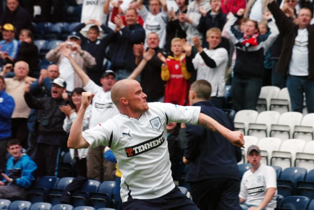 Iain Hume celebrates scoring against the Hornets at Deepdale.