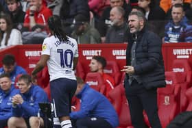 Preston North End manager Ryan Lowe gives instructions to Daniel Johnson from the technical area