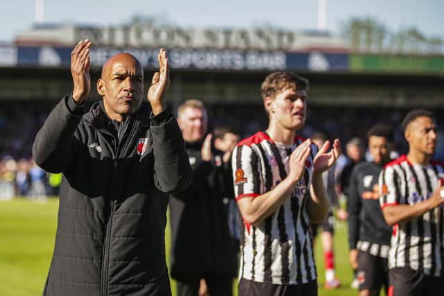 Andy Preece and his players show their appreciation for the Magpies support at Scunthorpe (photo: David Airey/dia_images)
