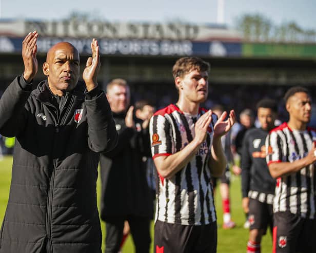Andy Preece and his players show their appreciation for the Magpies support at Scunthorpe (photo: David Airey/dia_images)