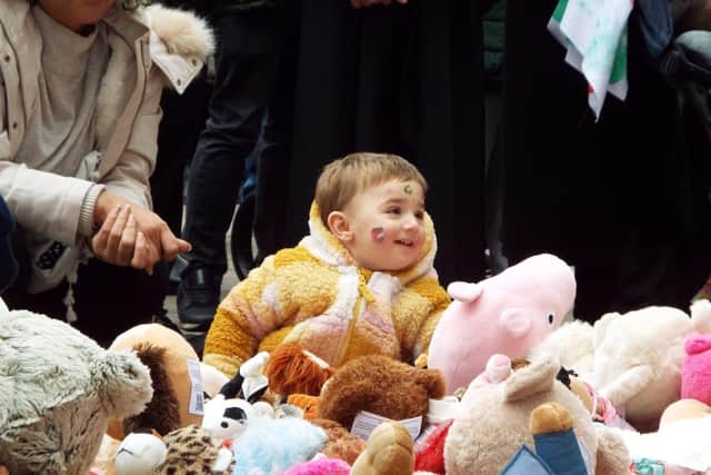 Blissfully unaware of the lost lives they represent, a child sits amongst the teddies at the Gathering for Gaza event at Preston's Flag Market (image: Stop The War Preston and South Ribble)