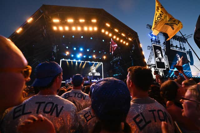 Elton John performs on stage during Day 5 of Glastonbury Festival 2023 . (Photo by Leon Neal/Getty Images)