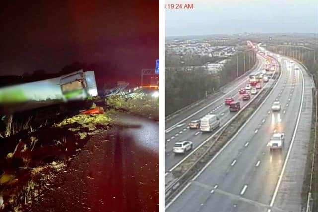 Left: a lorry overturned on the M6 at Juncton 34. Right: Traffic on the M61 leading up to junction 9. Both areas