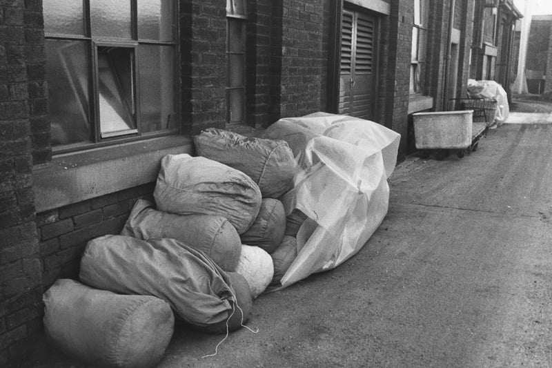 Bags of linen outside Royal Preston Hospital, piled up due to the Winter of Discontent, 6 February 1979