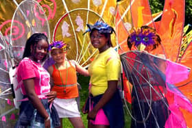 Chloe Burton, Jamace Miller, Emefa Kuadey and Charlece Eccles, of Caribbean Breezers in costume for the Caribbean Carnival, Preston