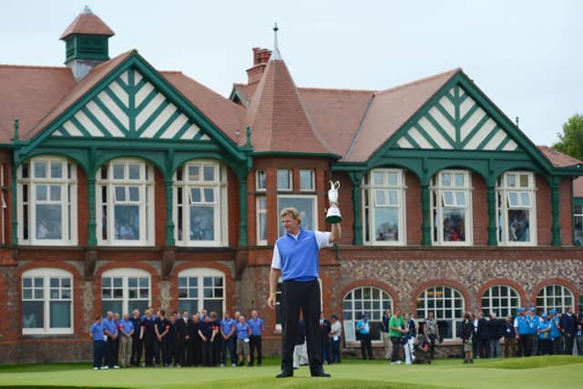 Ernie Els poses with the Claret Jug after winning the 141st Open Championship at Royal Lytham & St. Annes Golf Club in 2012