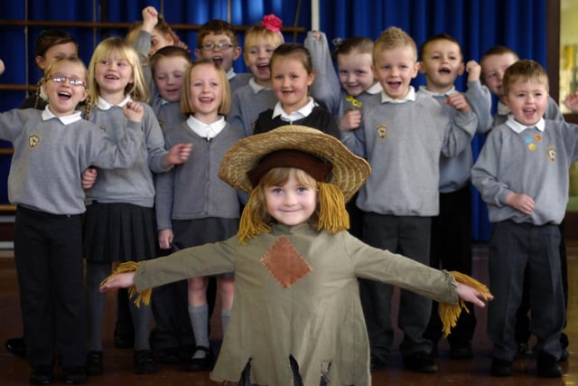 Six-year-old Poppy Southern as the 'Jingly Jangly Scarecrow' with friends at Larkholme Primary school Fleetwood, who enjoyed literacy lessons by learning about life on the farm in 2011