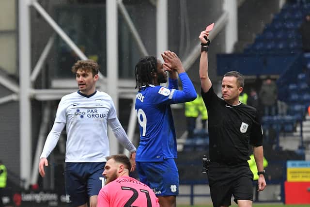 Cardiff City’s Jak Alnwick is red carded at Deepdale