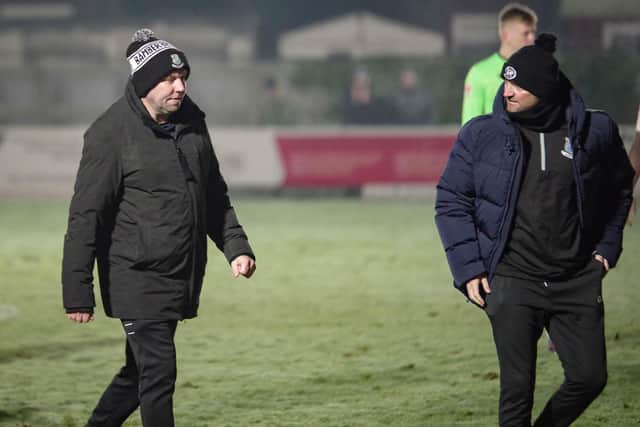 Bamber Bridge boss Jamie Milligan, right, and assistant John Hills (photo: Ruth Hornby)