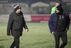Bamber Bridge boss Jamie Milligan, right, and assistant John Hills (photo: Ruth Hornby)