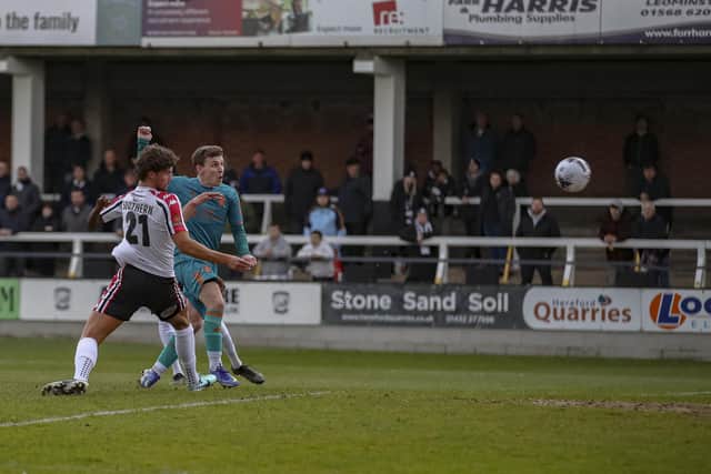 ​Jack Hazlehurst fires home the winner against Hereford (photo: David Airey/dai_images)