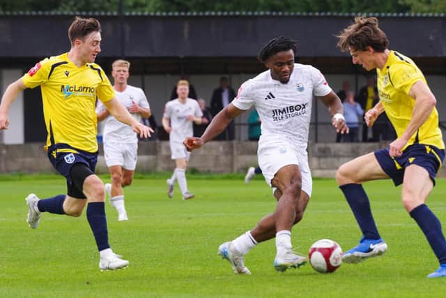 Emerich Poilly in action during a 2-0 win over Guiseley earlier in the season (photo: Ruth Hornby)