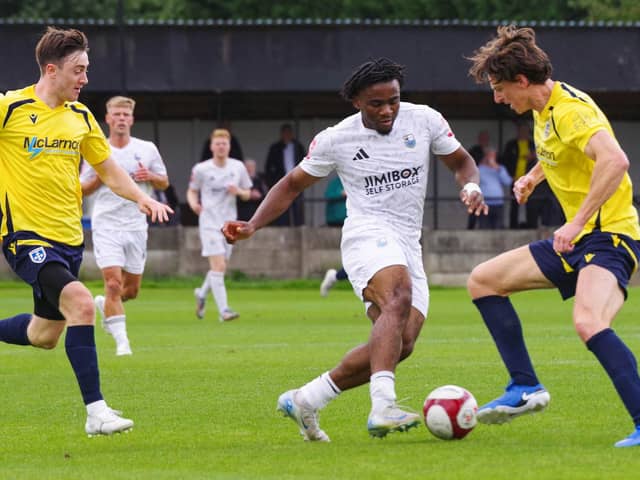 Emerich Poilly in action during a 2-0 win over Guiseley earlier in the season (photo: Ruth Hornby)