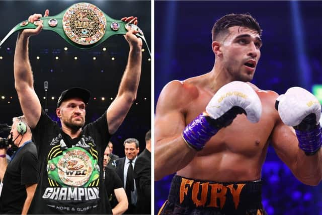 Left: Tyson Fury following his fight with Francis Ngannou. Right: Tommy Fury during his fight with KSI. Images: Getty