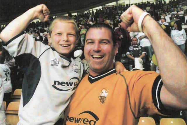 PNE writer Tom Sandells supporting North End as they played Derby County in the play-offs in 2005.
