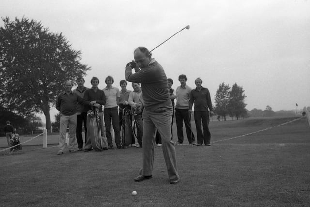 Ken Cross of the Fishwick Hall team tees off, watched by other participants in the Preston & District Golf Tournament. The event was won by Penwortham Golf Club in a thrilling finish, with Ashton second and Preston third
