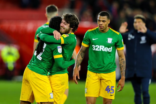 Preston North End's Ben Pearson celebrates with Daniel Johnson after the match with Lukas Nmecha.