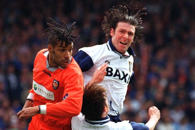 PNE's Sean Gregan and Gary Parkinson challenge with Blackpool striker Andy Preece in a 3-3 draw at Deepdale in April 1998