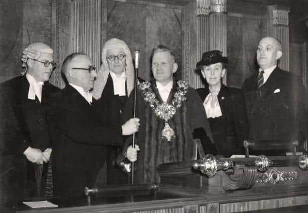 Pictured here as a past mayor and current Alderman, Avice Margaret Pimblett in November 1946 with the outgoing mayor, incoming mayor and Town Clerk.